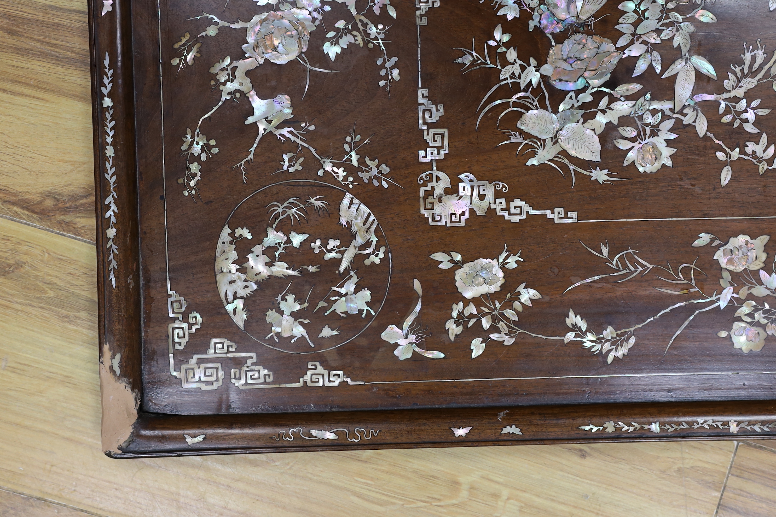 A Chinese mother of pearl inlaid hongmu tray, 47x70cm